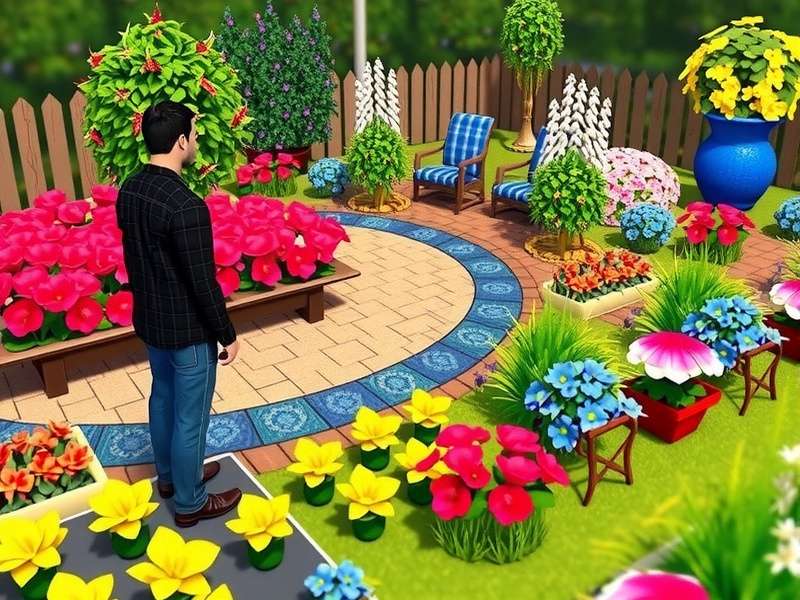 Gardenscapes गार्डन डिज़ाइन उदाहरण - फव्वारे, बेंच, फूल