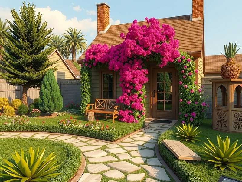 A beautifully designed garden in Gardenscapes game with flowers and pathways