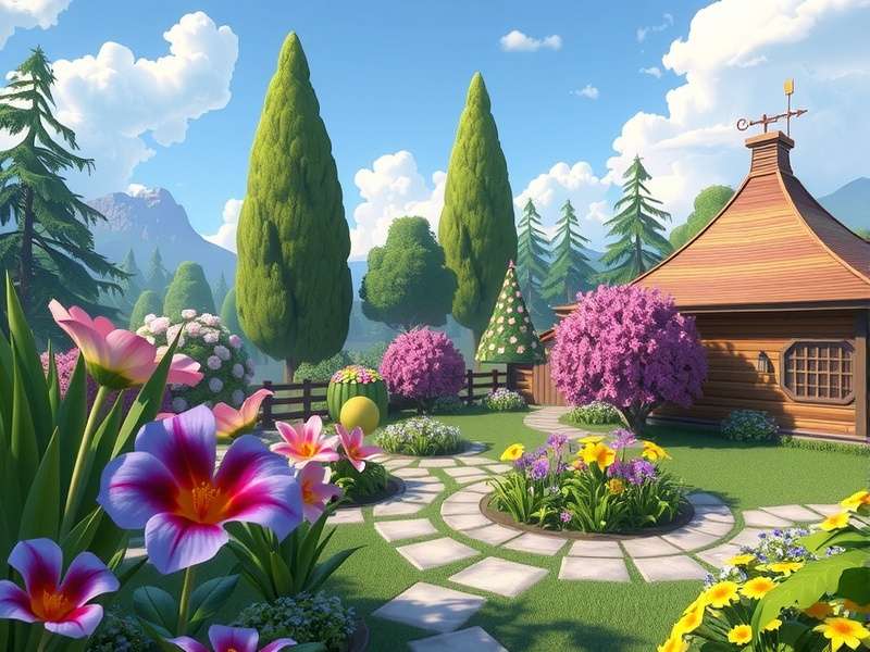 Lush virtual garden landscape with colorful flowers and pathways, representing Gardenscapes 2025 gameplay