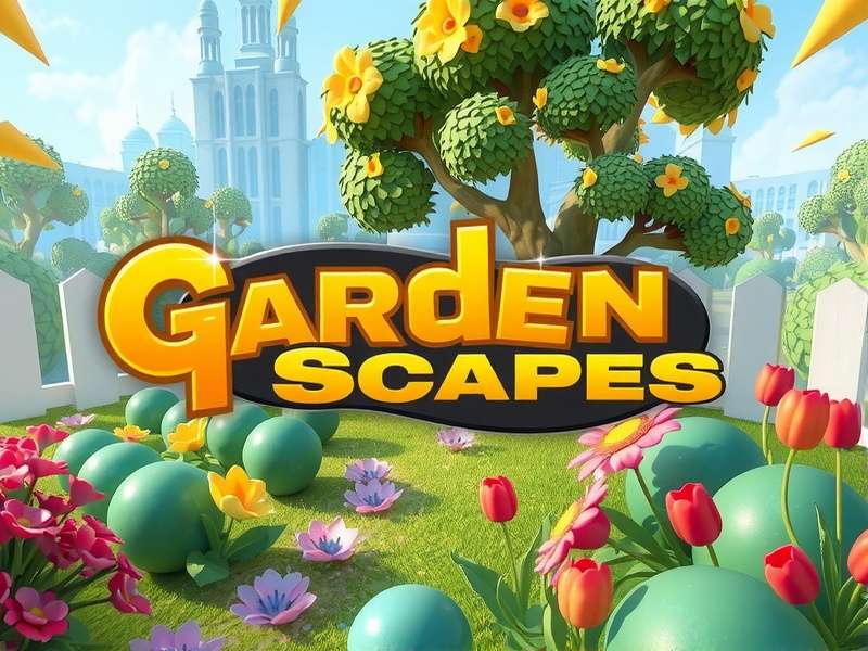 Garden Scapes gameplay showing a beautifully restored garden area with match-3 puzzle in progress