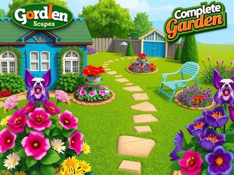 Aerial view of a fully restored Gardenscapes garden showing multiple themed areas