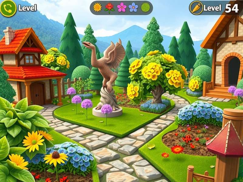 Screenshot of Gardenscapes Level 54 gameplay showing puzzle board and objectives