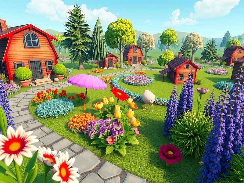 Screenshot of Gardenscapes New Acres showing a beautifully restored garden with Austin the butler