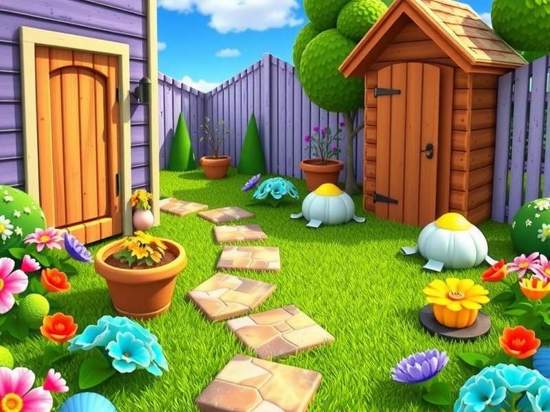 Gardenscapes game estate restoration scene with flowers and fountain