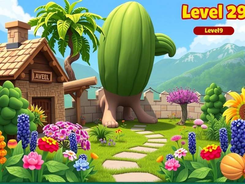 Gardenscapes Game Level 29 garden scene with blooming flowers and puzzle elements