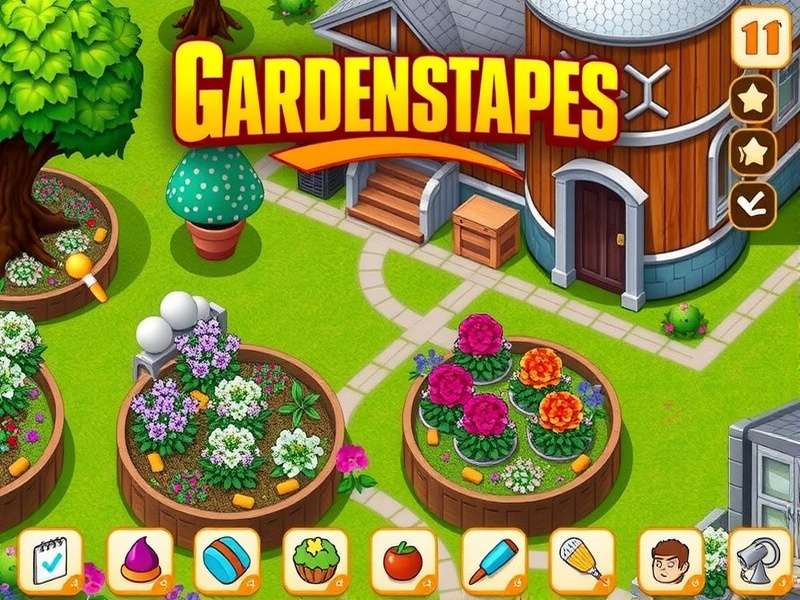 Gardenscapes game screenshot showing a beautiful garden restoration scene with match-3 puzzle elements